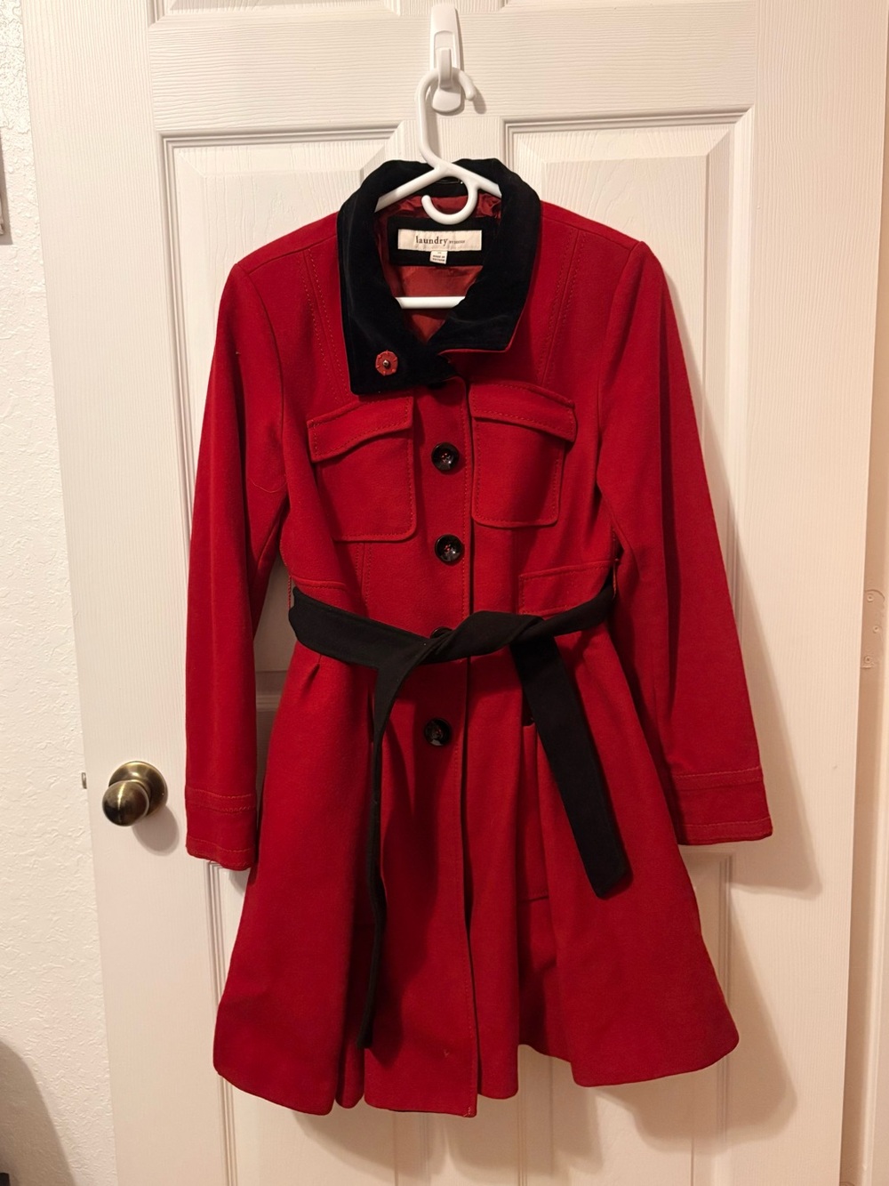 Red Wool Blend Coat with Black Trim - Women's Jacket